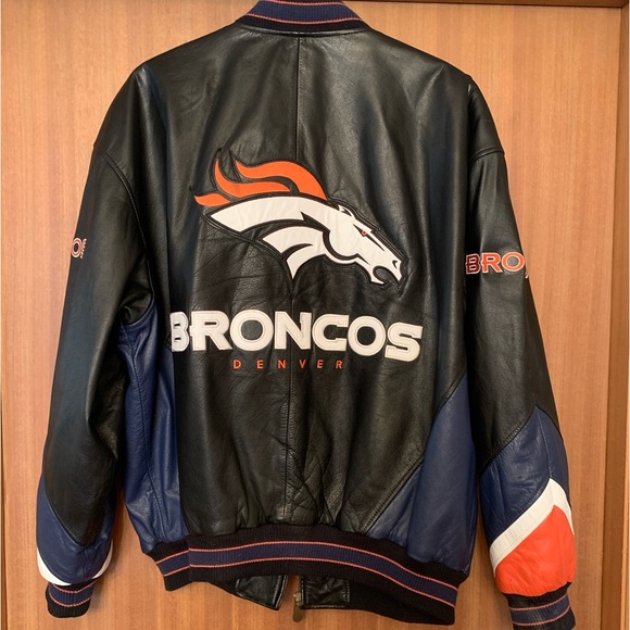 All leather “Denver Broncos” black and navy leather coat, fully lined - Picture 2 of 12